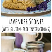 Two lavender scones on a white plate with lavender sprigs.