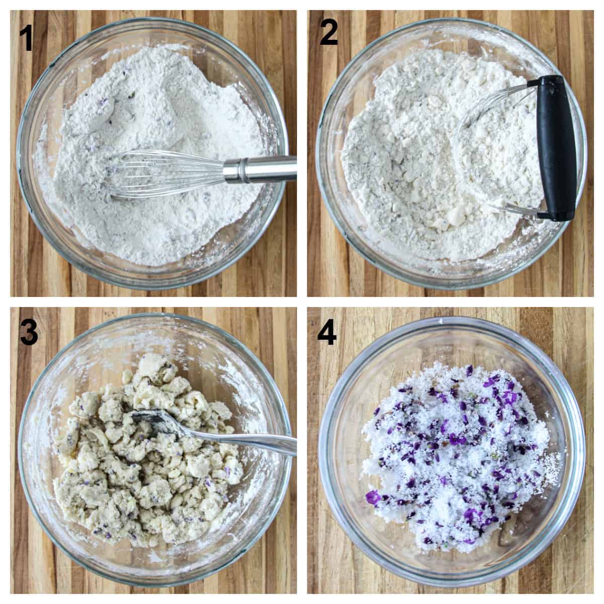 Steps one through four of the recipe process, showing the making of the scone dough.