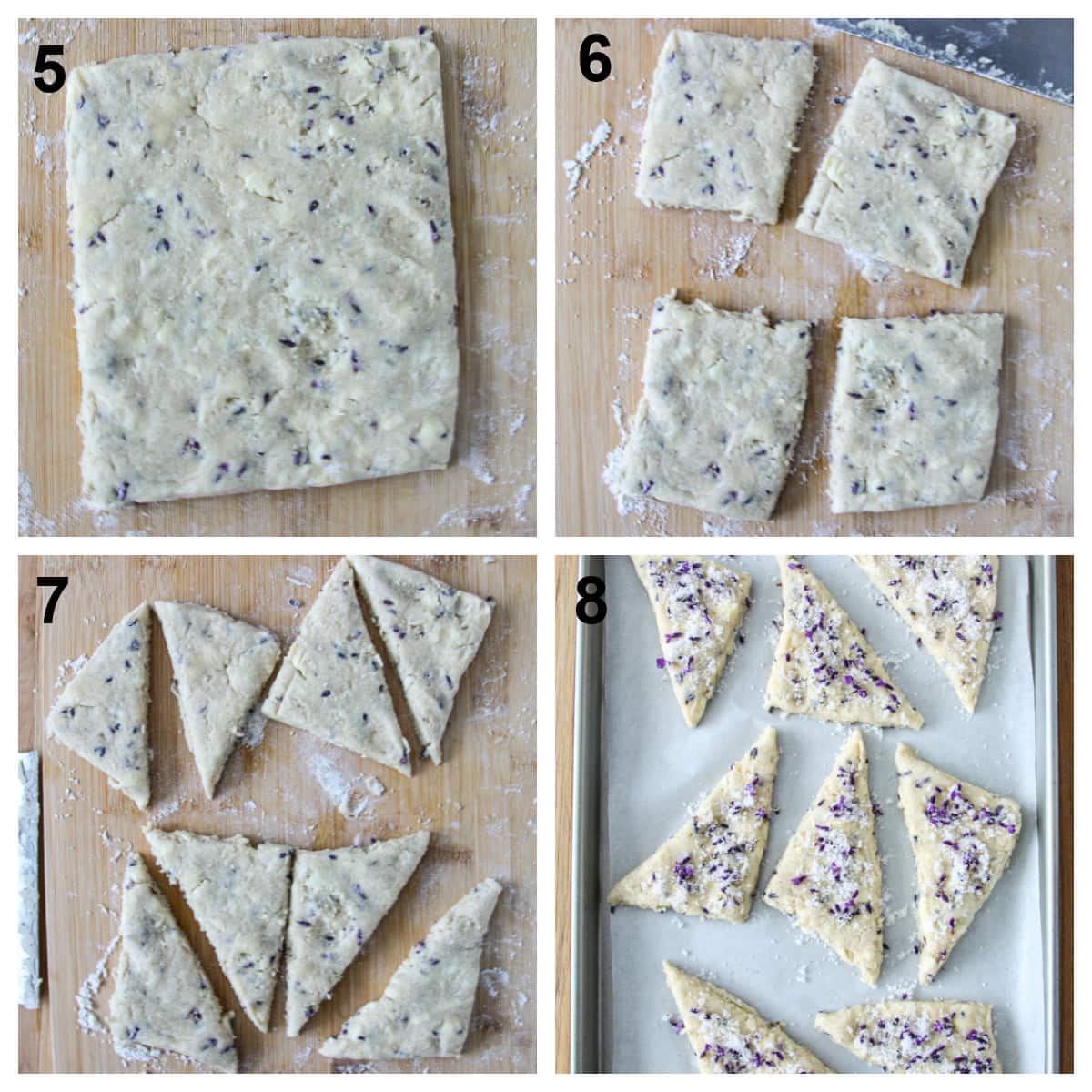 Steps five through 8 of the recipe process, showing the shaping of the dough.