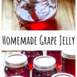 Jars of Grape Jelly on a wooden board.
