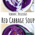 Red cabbage soup in a white bowl.