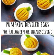 Deviled eggs that look like little pumpkins on a plate.