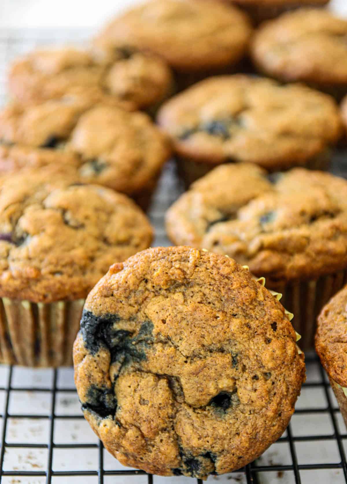 A single blueberry banana oat muffin on its side.