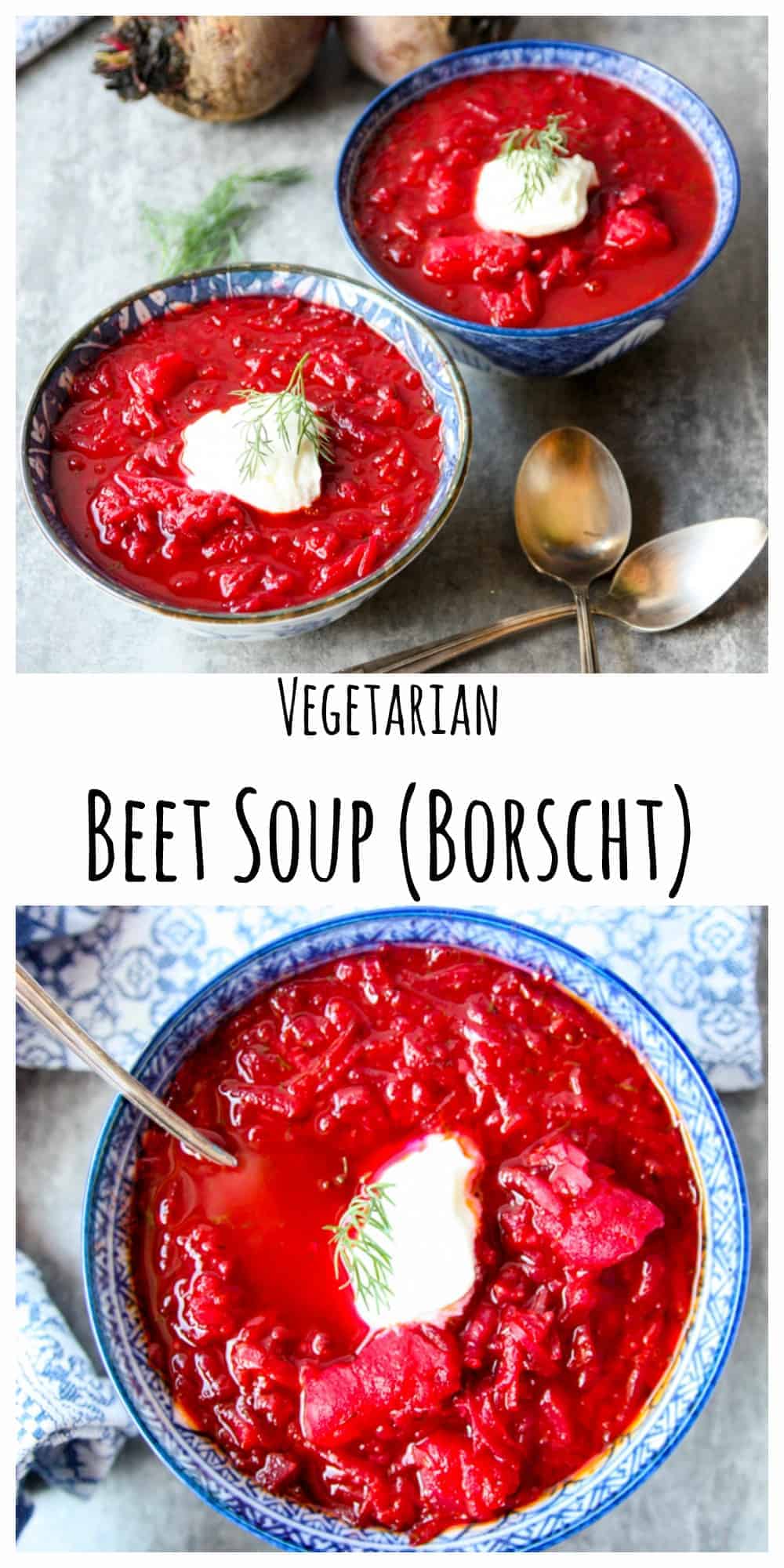 two photos of blue bowls filled with red beet soup with text overlay