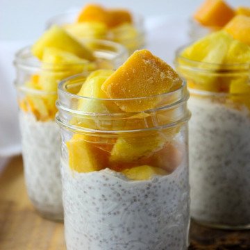 Close-up of chia pudding and fruit in a jar