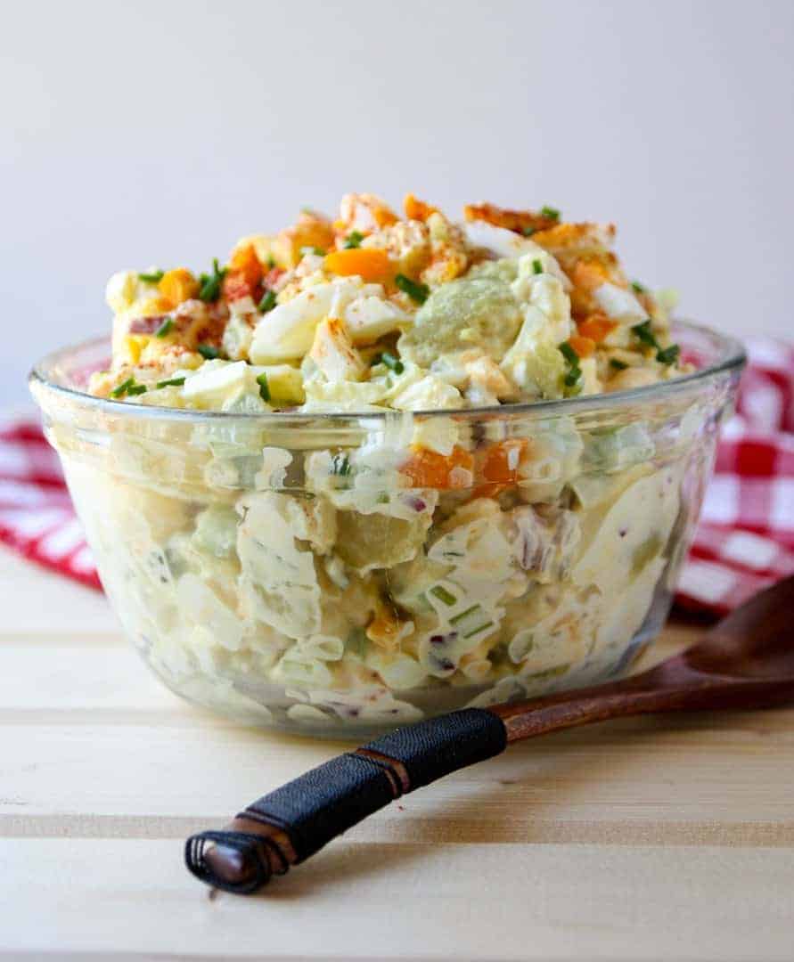 potato salad in a glass bowl