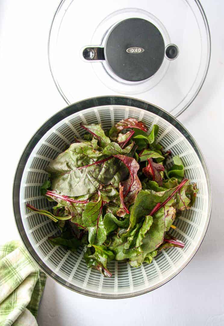 Top down view of a salad spinner with the lid off, filled with beet greens.