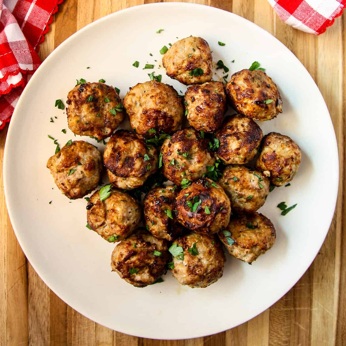 Air Fryer Meatballs on a white plate.