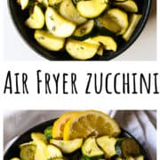 A black bowl filled with air fryer zucchini slices.