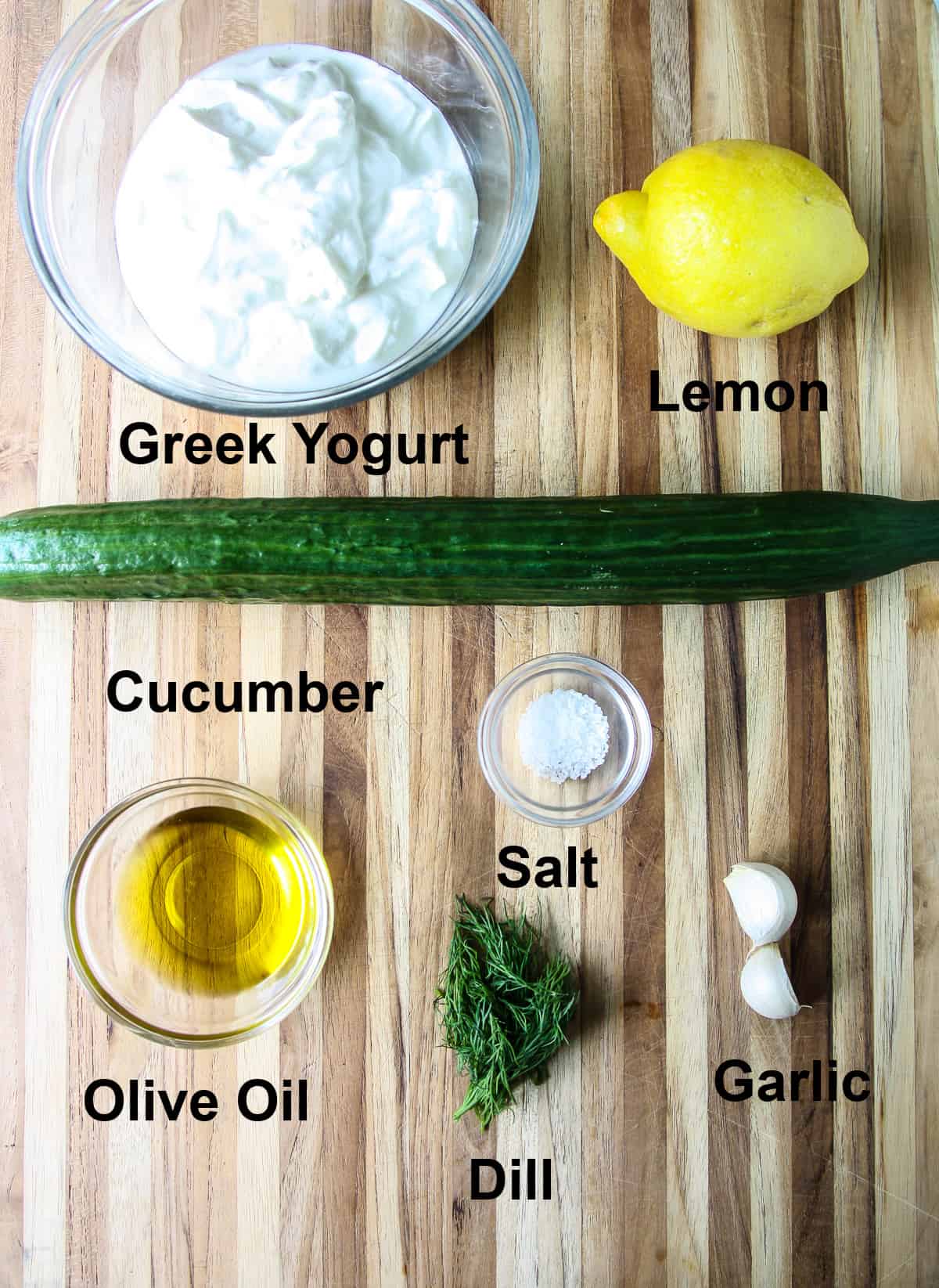 The ingredients needed to make tzatziki sauce.