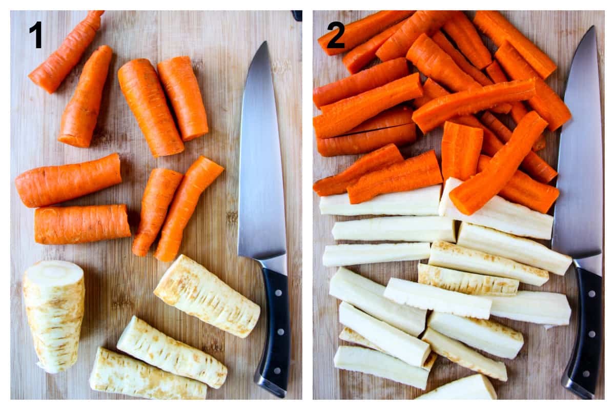 The carrots and parsnips being sliced on a wooden board with a chef's knife.