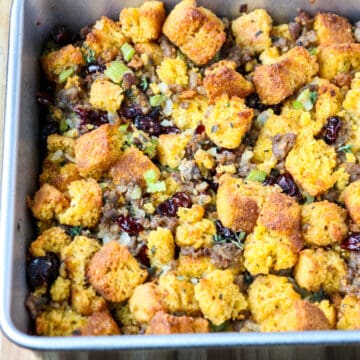 Gluten free cornbread stuffing in a baking pan.