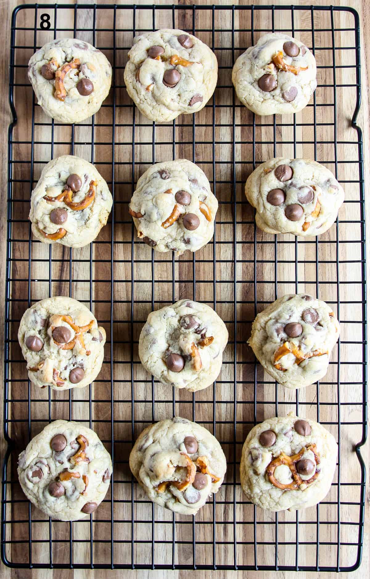 Pretzel cookies on a cooling rack.