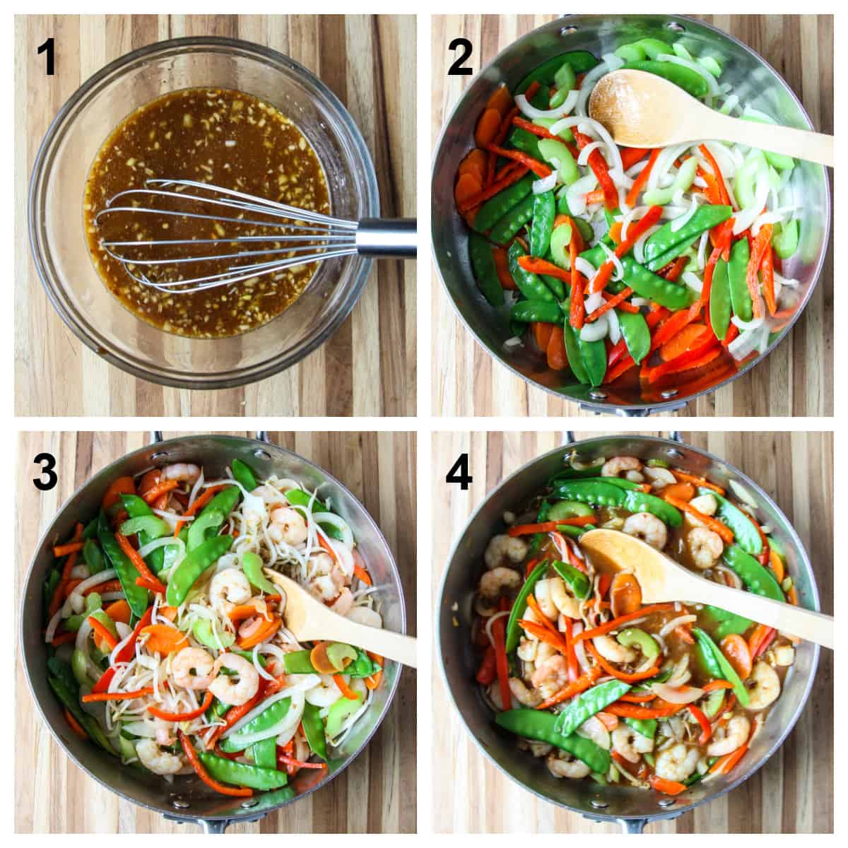 Steps one through four for making shrimp chop suey.