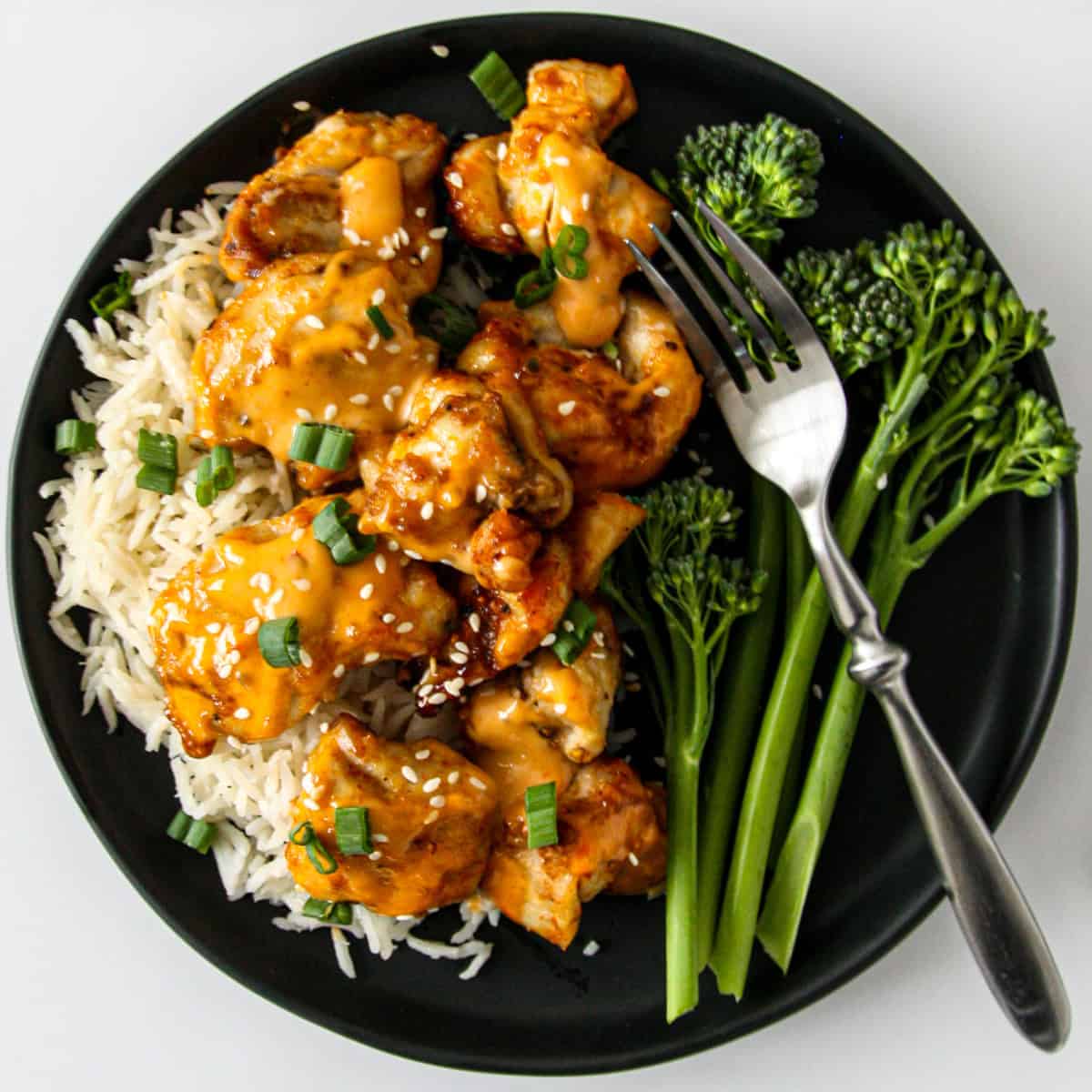 Arrange the chicken on top of the rice on a black plate.
