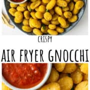 Air fryer gnocchi on a blue plate.