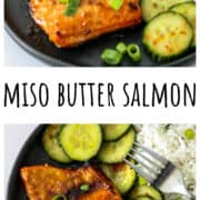 Miso butter salmon fillet on a black plate.
